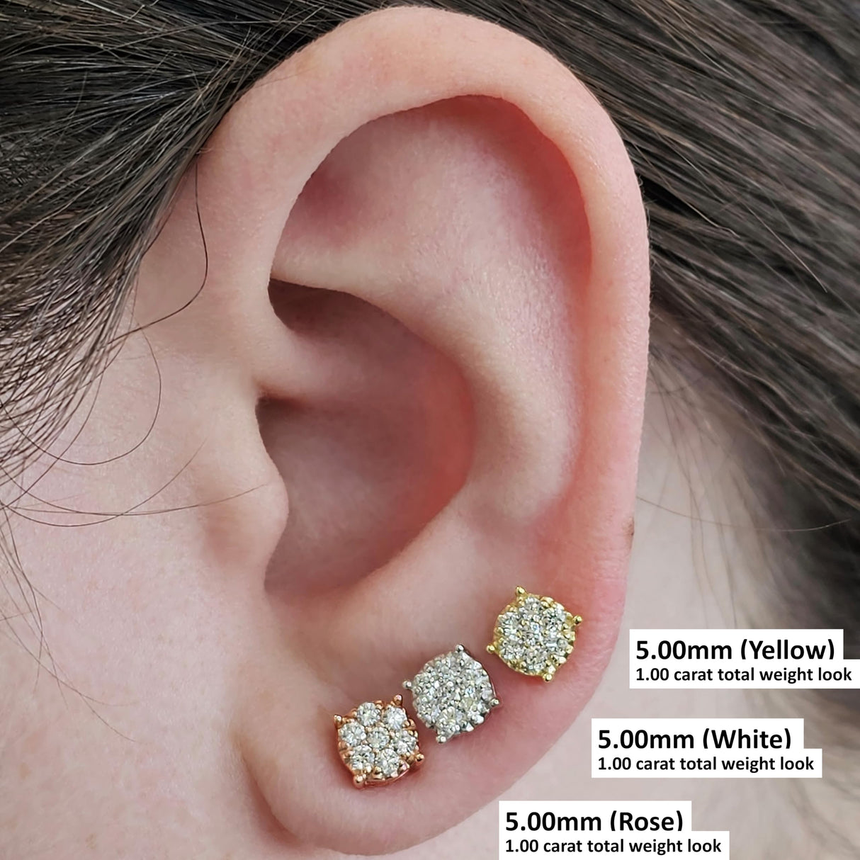 Diamond Stud Earrings CVD Lab Grown Diamonds solid 14K post & Silver basket, 7 or 9 Stone Cluster