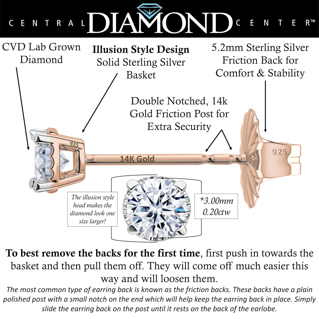 0.20ct-0.30ct CVD-Lab-Grown Diamond Stud Earrings (E-F, VS-SI), Solid 14K Gold & Silver, Threaded or Friction Post
