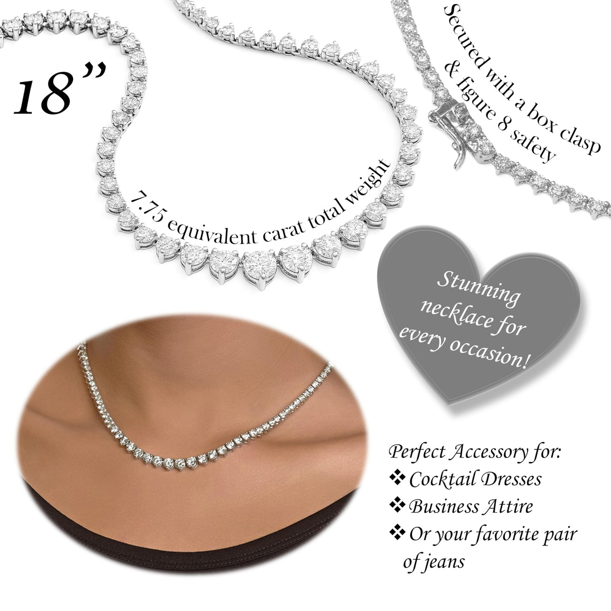 Central Diamond Center Sterling Silver & Graduated CZ 3 or 4 prongs Tennis Necklace, 18", White, Yellow or Rose Gold Plated