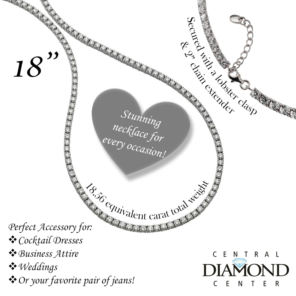 Central Diamond Center Sterling Silver & Graduated CZ 3 or 4 prongs Tennis Necklace, 18", White, Yellow or Rose Gold Plated