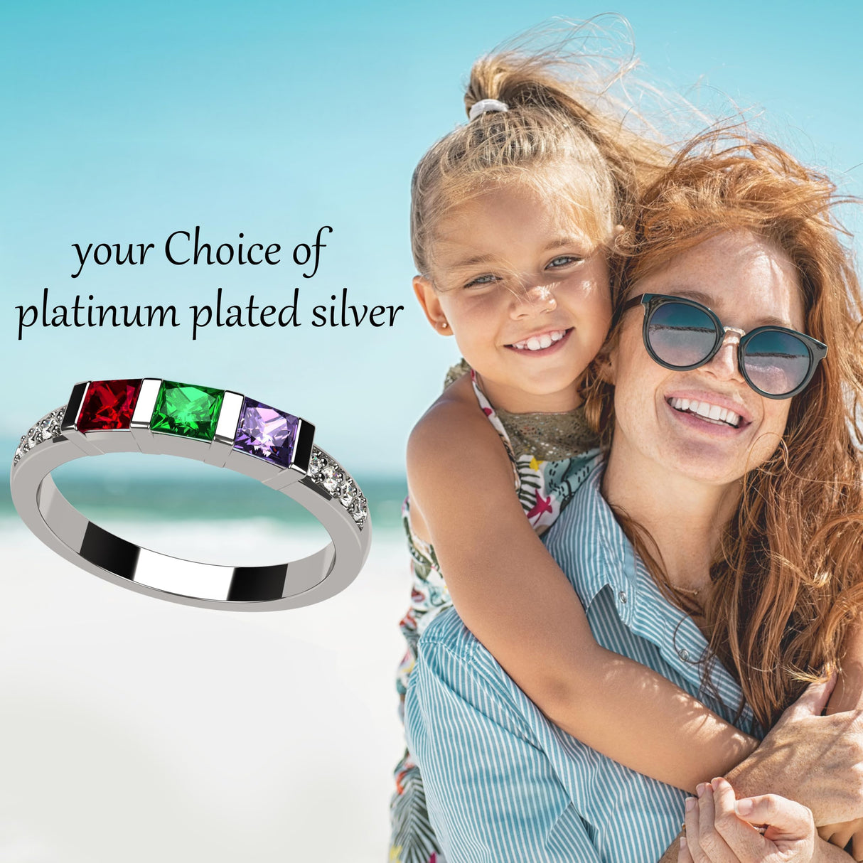 Central Diamond Center Princess w/Sides Mothers Rings with 1 to 6 Simulated Birthstones, Sterling Silver, 10K or 14K Gold