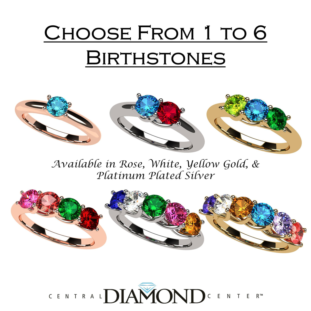 Central Diamond Center Lucita Mothers Rings w/ 1 to 6 Simulated Birthstones in Sterling Silver, 10K or 14K Gold