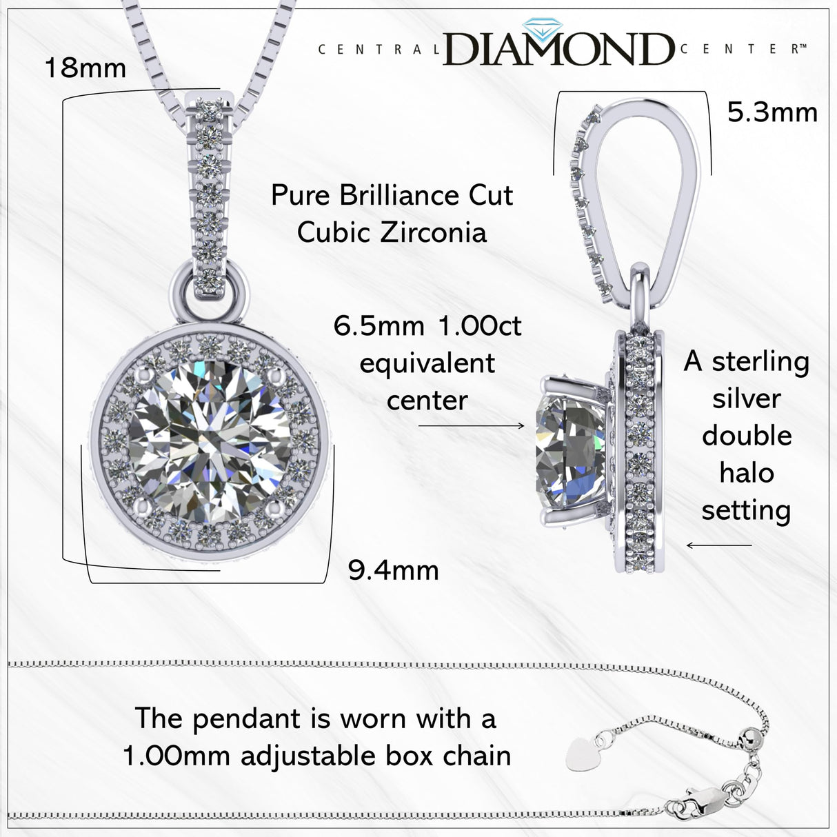 Round Simulated Diamond Solitaire Necklace/Pendant- Double Halo from 1 to 3 carat center- Sterling Silver