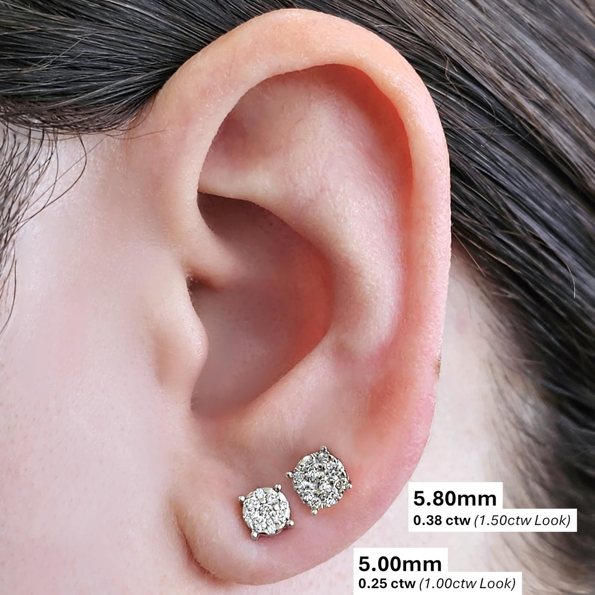 Diamond Stud Earrings CVD Lab Grown Diamonds solid 14K post & Silver basket, 7 or 9 Stone Cluster