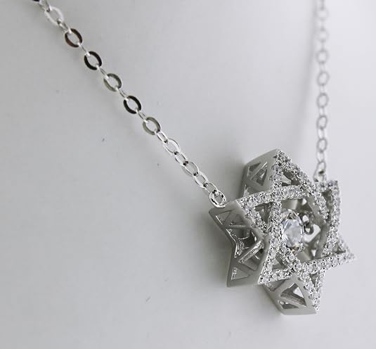Central Diamond Center Star of David Dancing Gemstone Necklace for Women, Sterling Silver w/Pure Brilliance CZ, Chain Attached