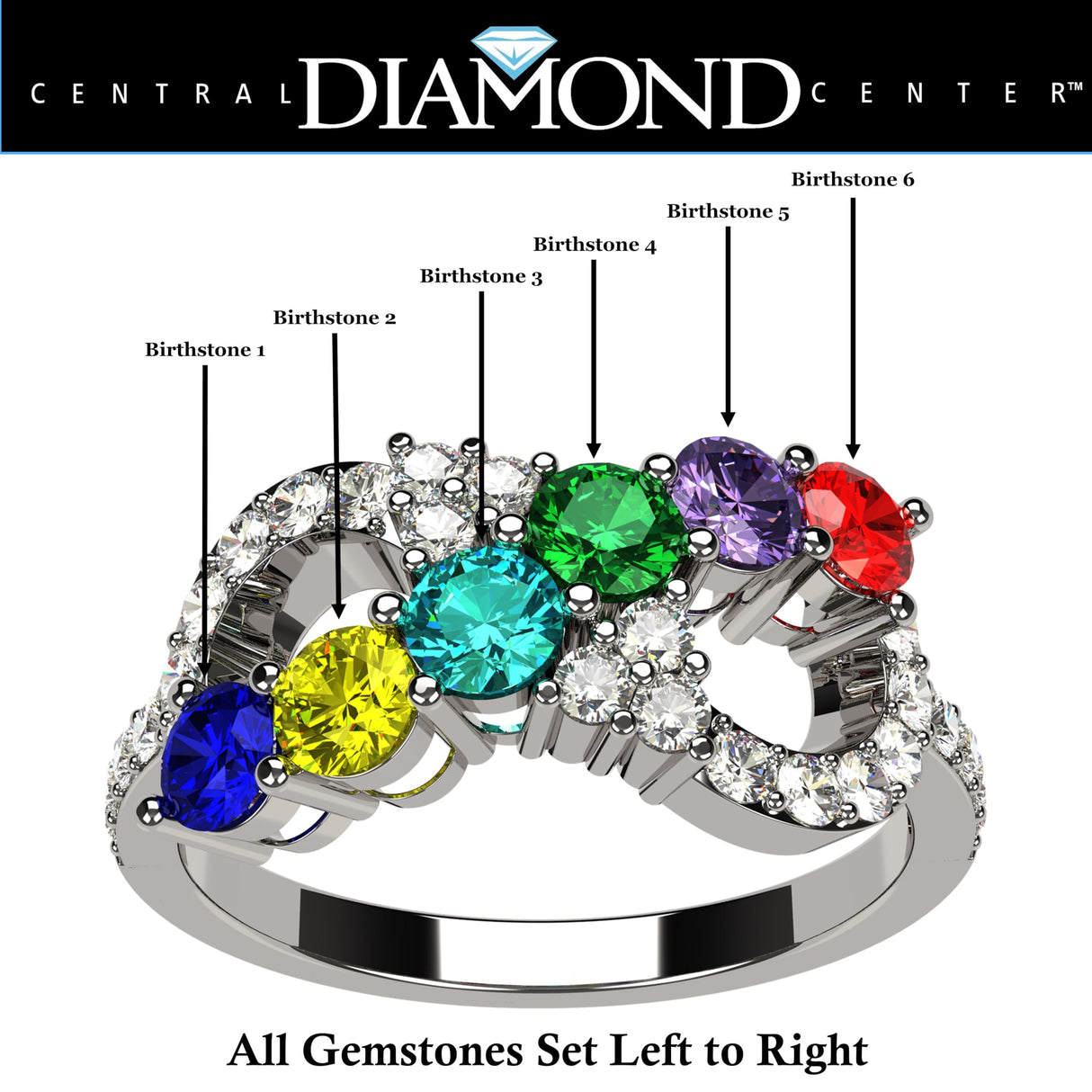 Central Diamond Center Infinity Mothers Rings w/ 1 to 6 Simulated Birthstones in Sterling Silver, 10K or 14K Gold