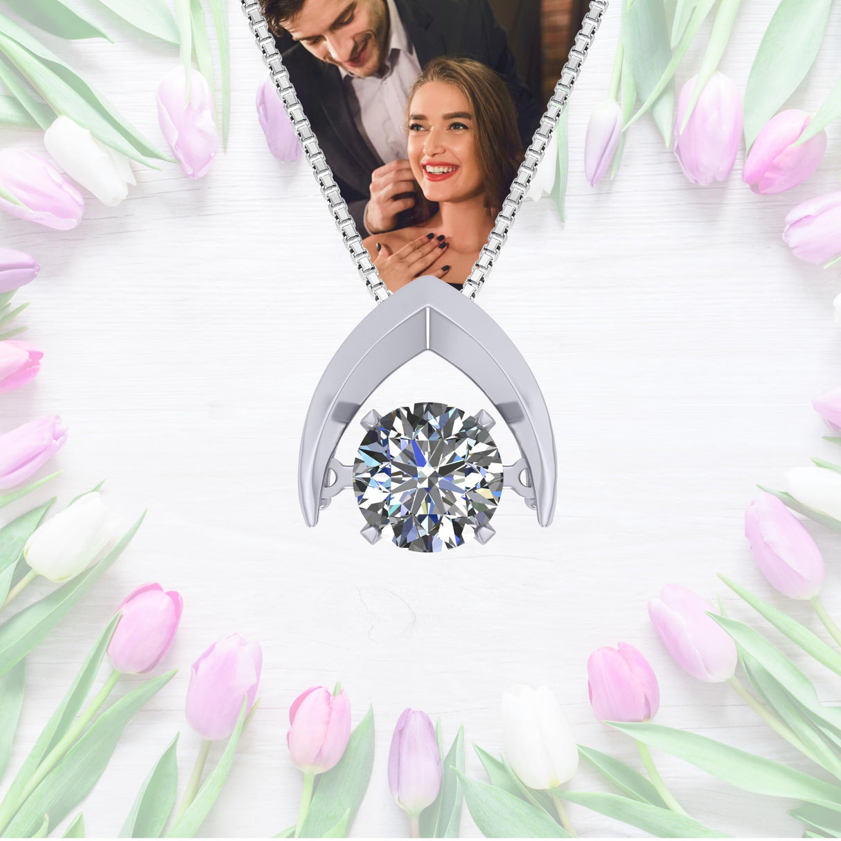 Central Diamond Center Omega Dancing Gemstone Necklace for Women in 925 Sterling Silver & Pure Brilliance Zirconia CZ