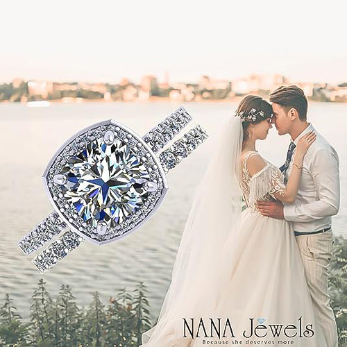 NANA Jewels Sterling Silver Cushion Cut Wedding Set Engagement Rings for Women - Choose Simulated Morganite, Citrine, Aquamarine & More