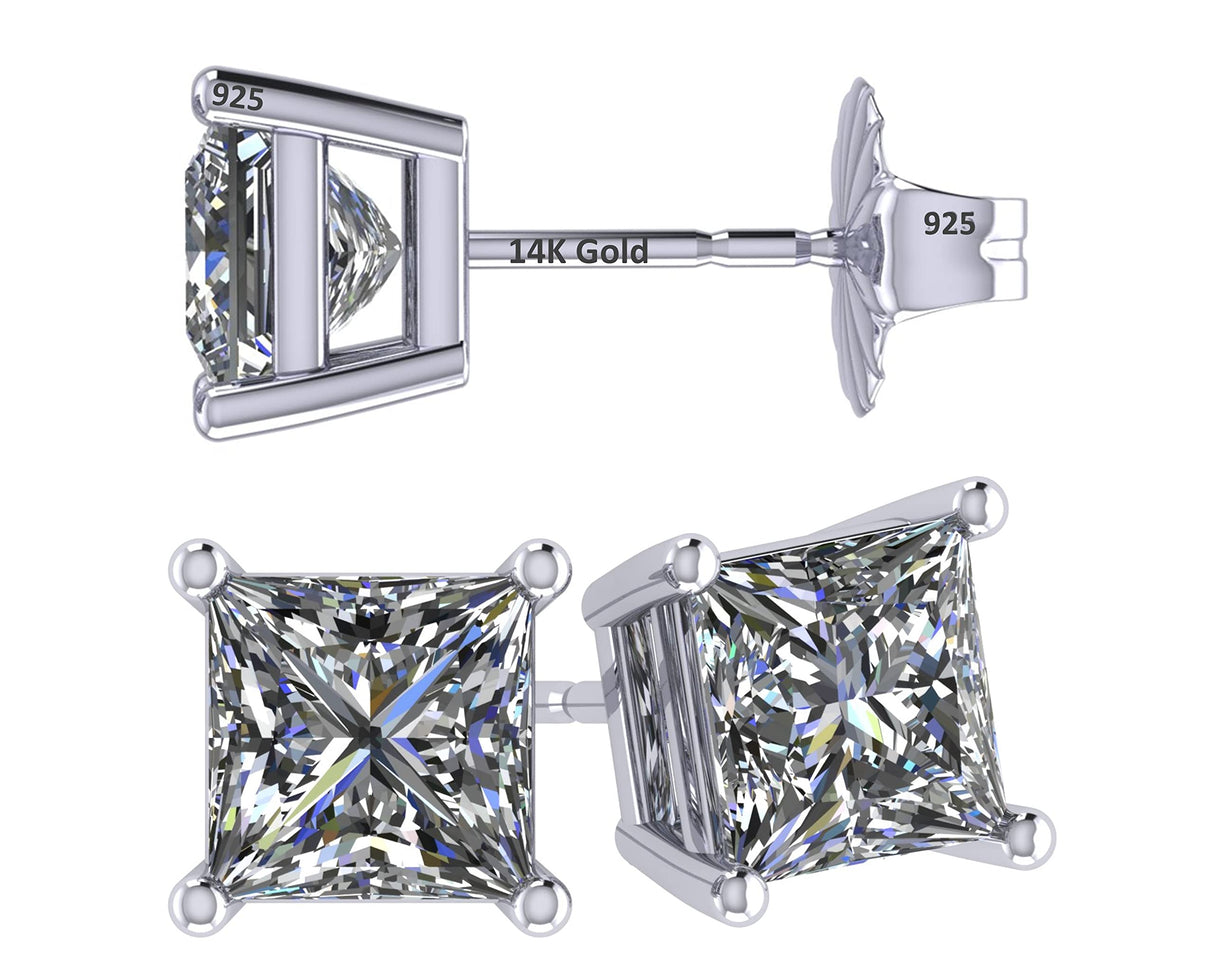 14K Gold Posts & Sterling Silver Princess Cut CZ Stud Earrings w/Pure Brilliance Zirconia, 1.50-4.00ctw