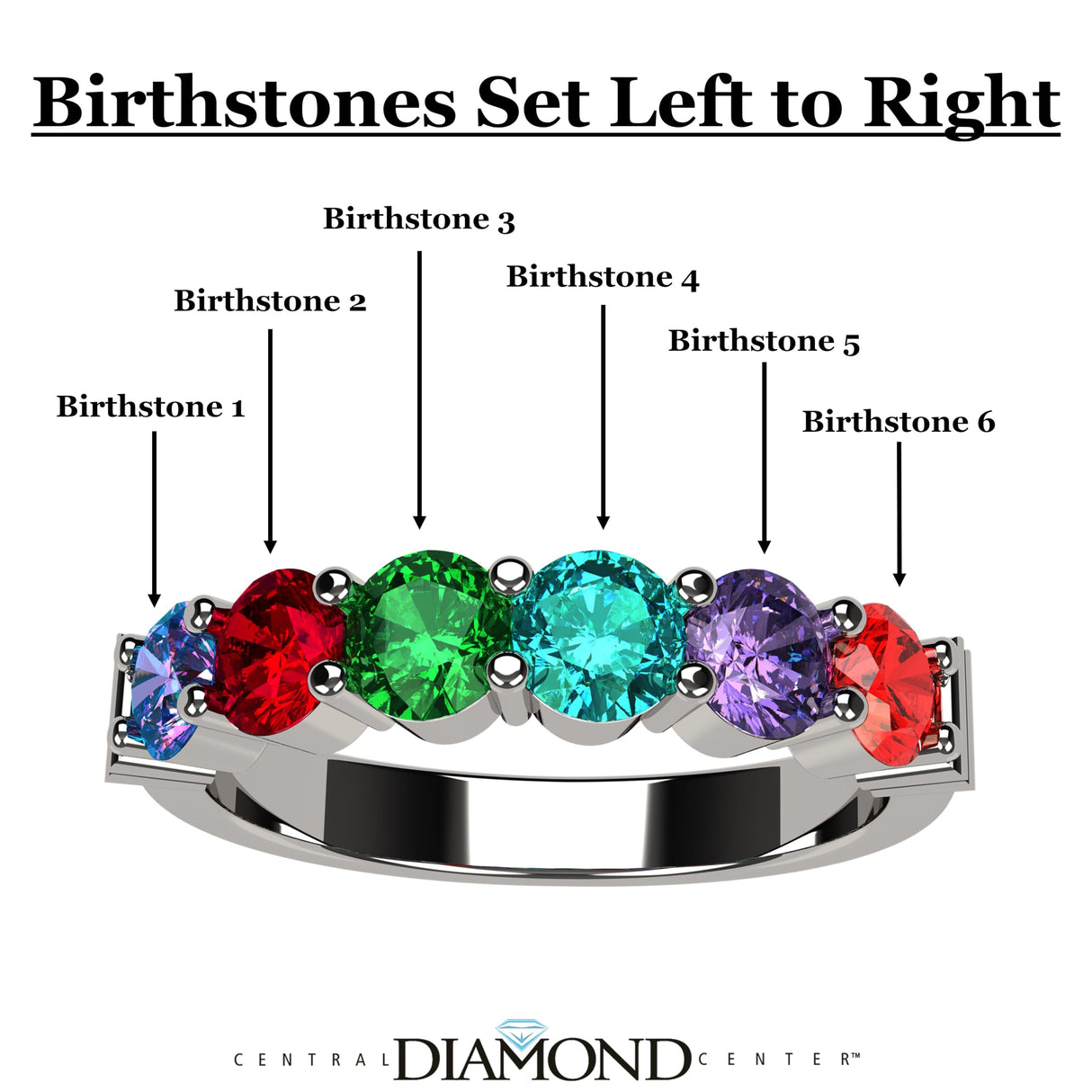 Central Diamond Center Shared Prong w/ Sides Mothers Birthstone Ring w/ 1-6 Simulated Gemstones in Sterling Silver, 10K, or 14K Gold