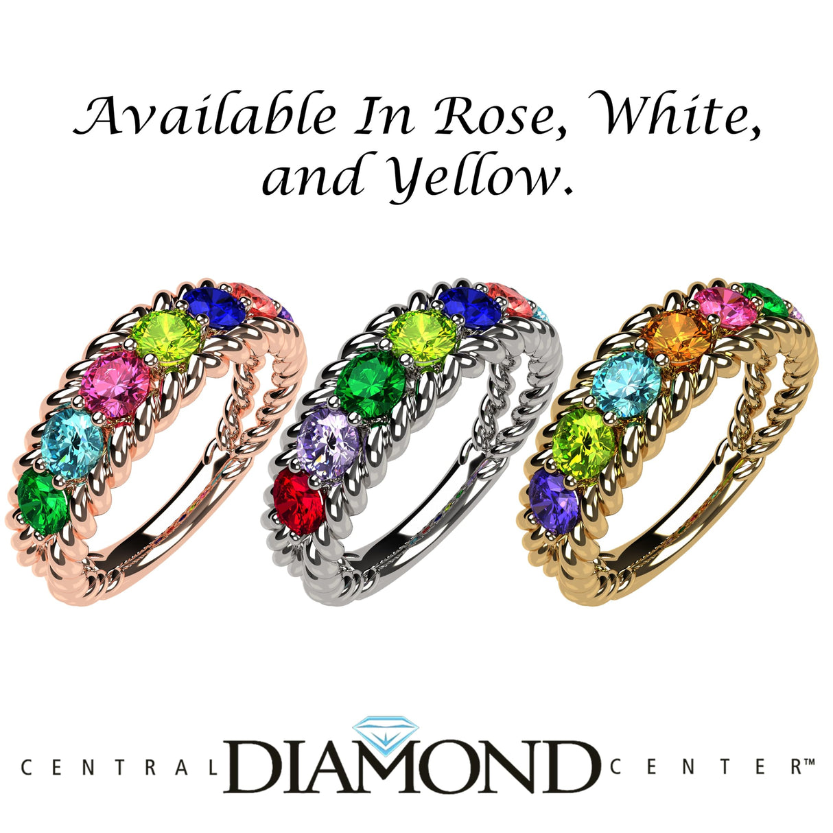 Central Diamond Center Rope Mothers Birthstone Ring with 1 to 10 Simulated Birthstones, Sterling Silver, 10K or 14K Gold