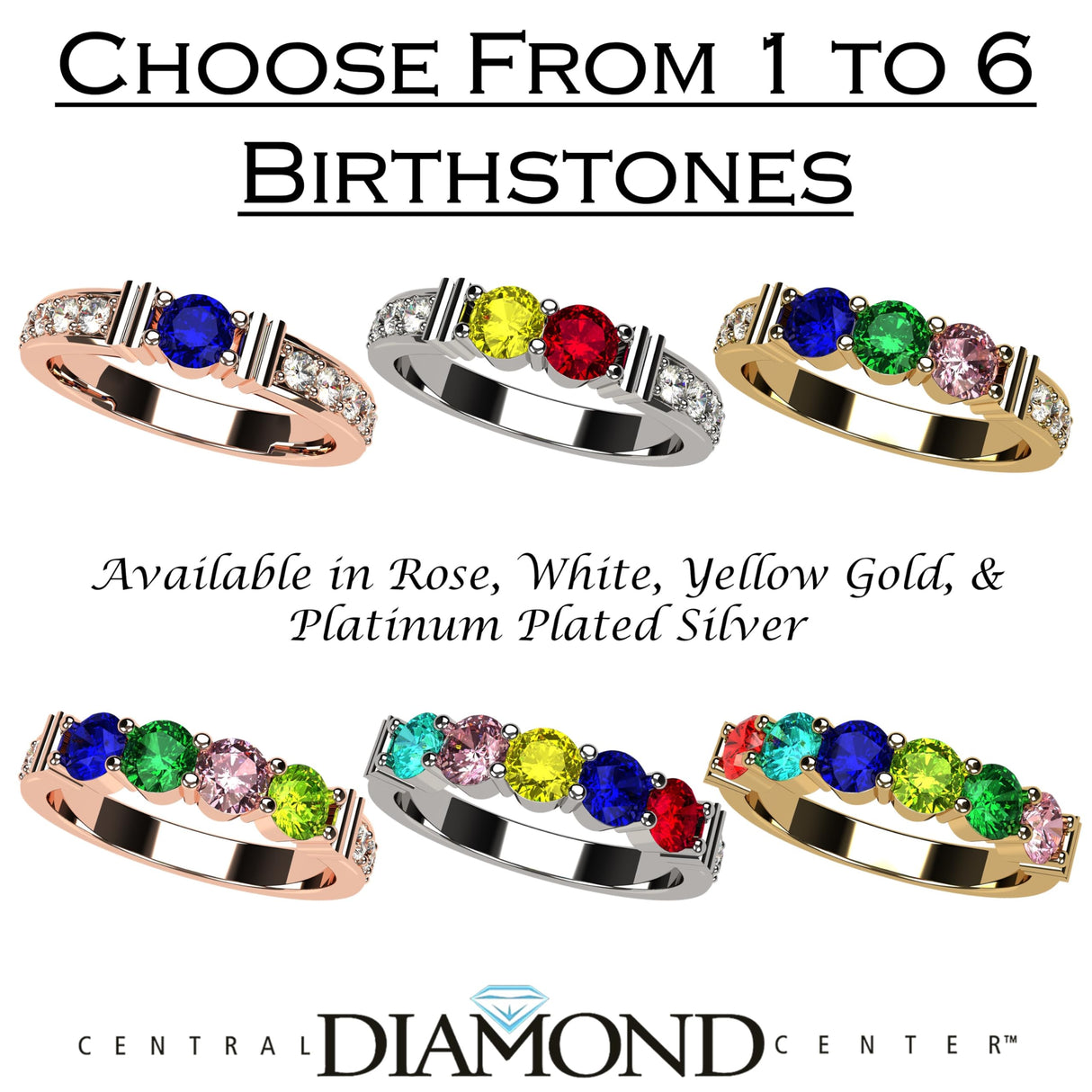 Central Diamond Center Shared Prong w/ Sides Mothers Birthstone Ring w/ 1-6 Simulated Gemstones in Sterling Silver, 10K, or 14K Gold