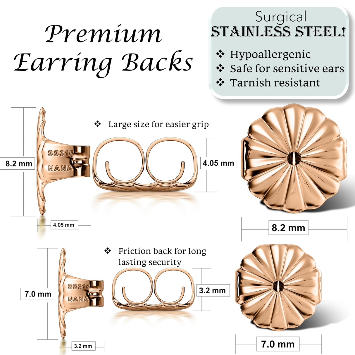 Central Diamond Center Oversized Earring Backs –4 Pairs 7mm & 8.2mm Universal Replacement Hypoallergenic