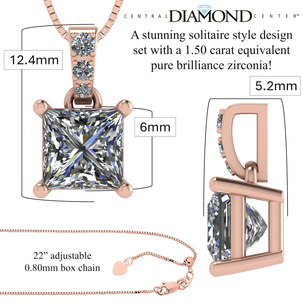 Princess Cut Solitaire Necklace, 4 Prong Sterling Silver w/Pure Brilliance Zirconia, 6.0mm, 7.0mm & 8.0mm