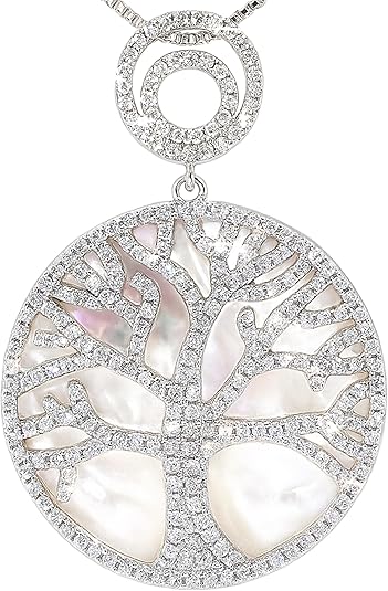 Central Diamond Center Sterling Silver Tree of Life Pendant Necklace or Earrings with CZ and Mother of Pearl – Gift for Women