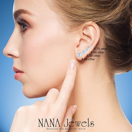 NANA Jewels Asscher Cut 14K Solid Gold Posts & Sterling Silver Simulated Diamond Stud Earrings 0.75 to 4.00ctw CZ