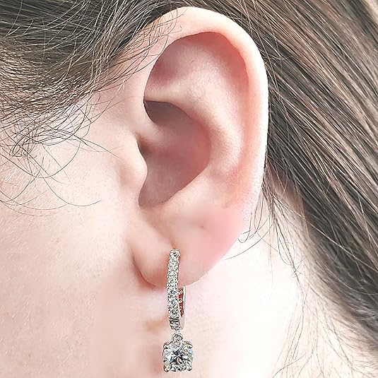 Central Diamond Center Sterling Silver Hoop Earrings with Round-Cut Simulated Diamond Dangle – 2.5 CTW CZ, Prong Set, Elegant Drop Hoops for Women