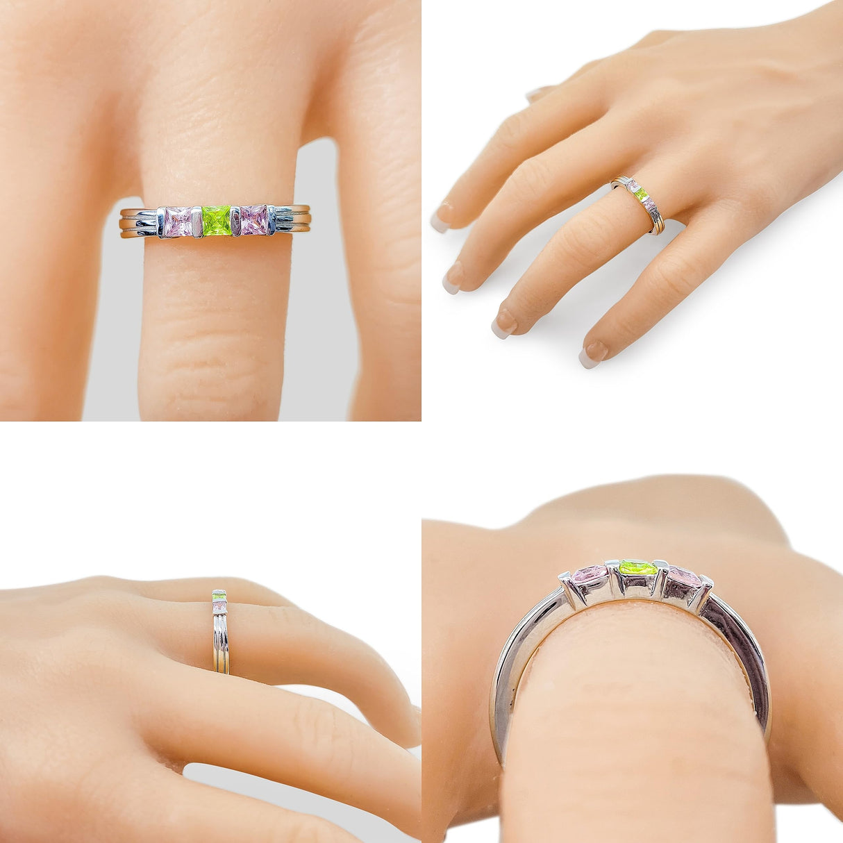 Central Diamond Center Princess Mothers Ring w/ 1 to 6 Simulated Birthstones in Sterling Silver, 10K or 14K Gold