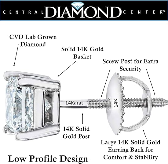 Central Diamond Center Princess Cut CVD Lab-grown Diamond Stud Earrings 14K solid Gold from 0.20ct to 2.00ct E-F VS-SI