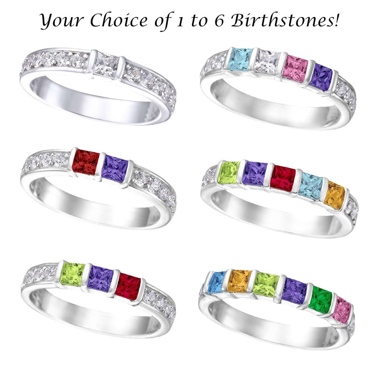 Central Diamond Center Princess w/Sides Mothers Rings with 1 to 6 Simulated Birthstones, Sterling Silver, 10K or 14K Gold