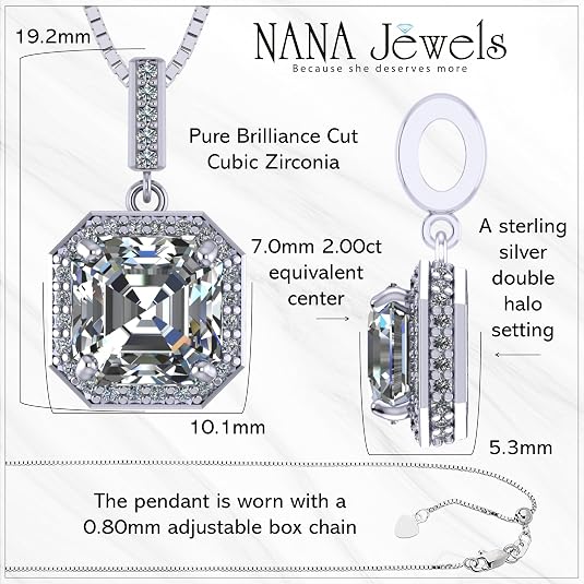 NANA Asscher Cut Halo CZ Simulated Diamond Solitaire Necklace Sterling Silver 7mm Zirconia Center Gemstone