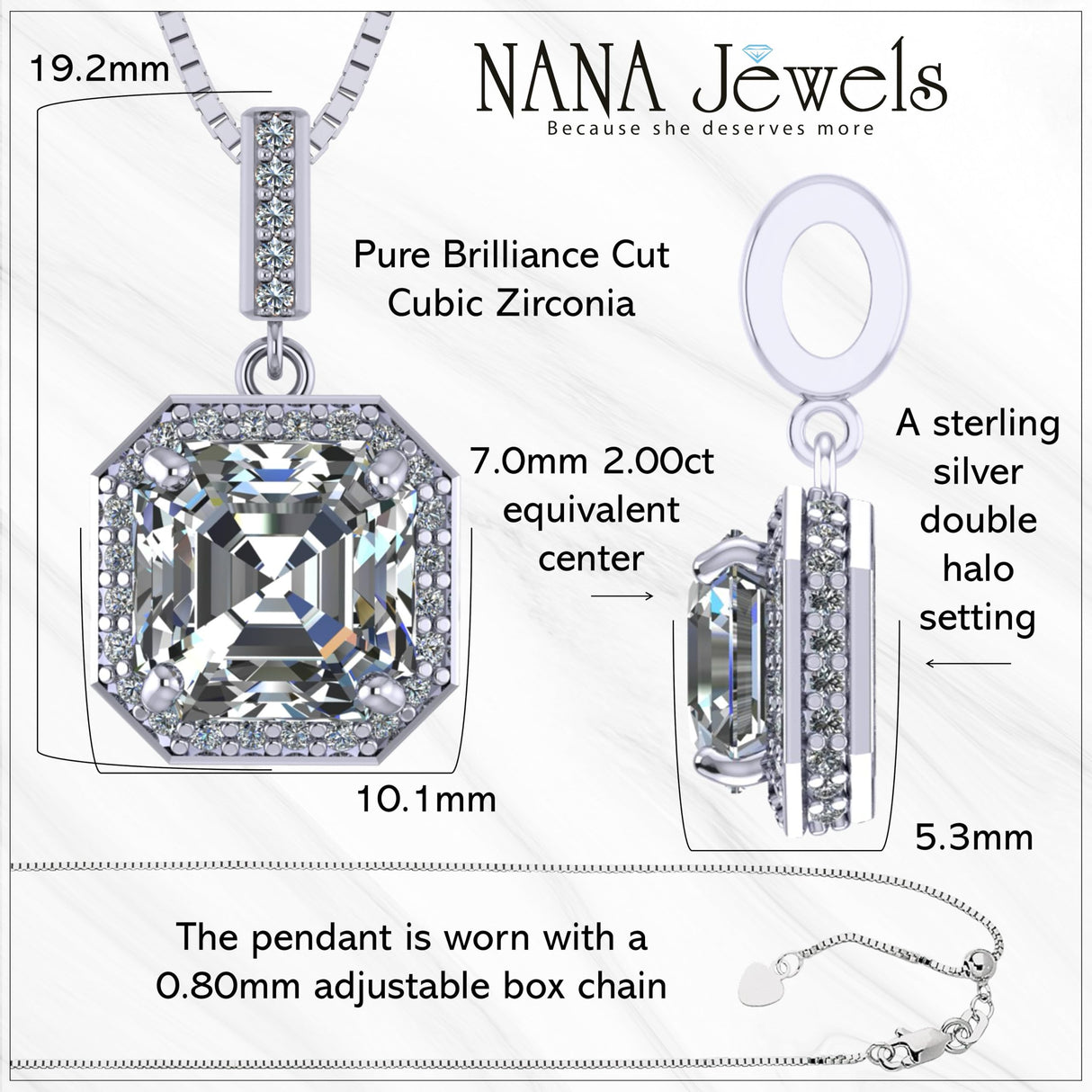 NANA Asscher Cut Halo CZ Simulated Diamond Solitaire Necklace Sterling Silver 7mm Zirconia Center Gemstone