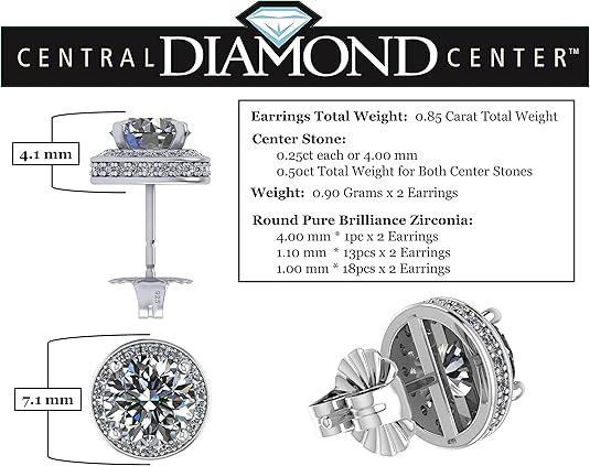 Round Halo Stud Earrings 0.85cttw-4.50cttw in Sterling Silver w/Pure Brilliance Zirconia, Hypoallergenic