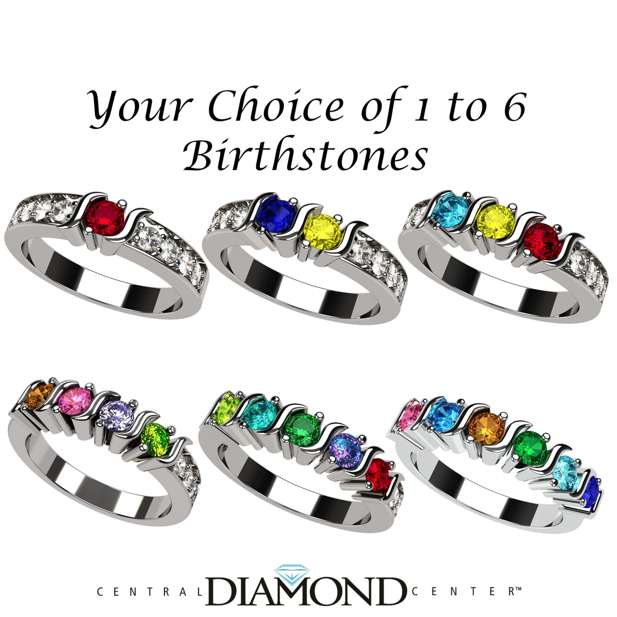 Central Diamond Center S-Bar with Sides Mothers Birthstone Ring in Sterling Silver, 10K or 14K Gold w/ 1-6 Simulated Gemstones