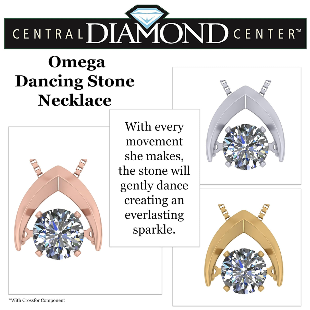 Central Diamond Center Omega Dancing Gemstone Necklace for Women in 925 Sterling Silver & Pure Brilliance Zirconia CZ