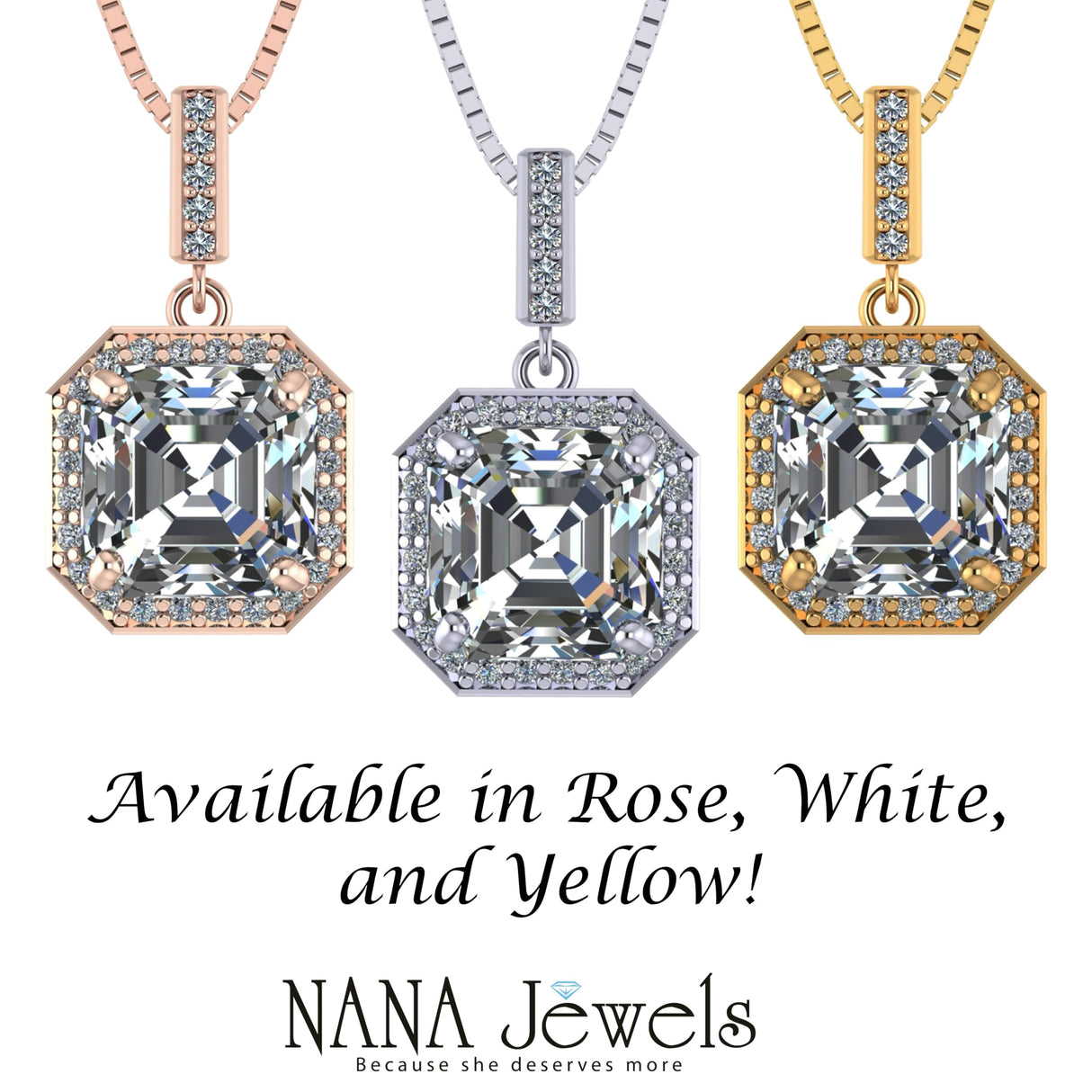 NANA Asscher Cut Halo CZ Simulated Diamond Solitaire Necklace Sterling Silver 7mm Zirconia Center Gemstone