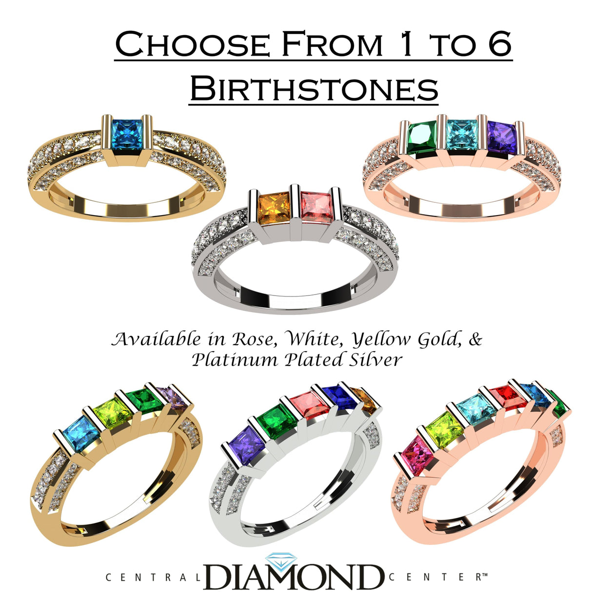 Central Diamond Center Princess Mothers Birthstone Ring w/Accent CZs on 3 Sides w/1-6 Simulated Gemstones in Silver, 10K or 14K Gold