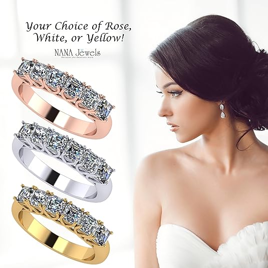 NANA Jewels Asscher Cut Simulated Diamond Ring 1.00ctw 6 Stone Wedding Band, Sterling Silver 10K/14K Gold