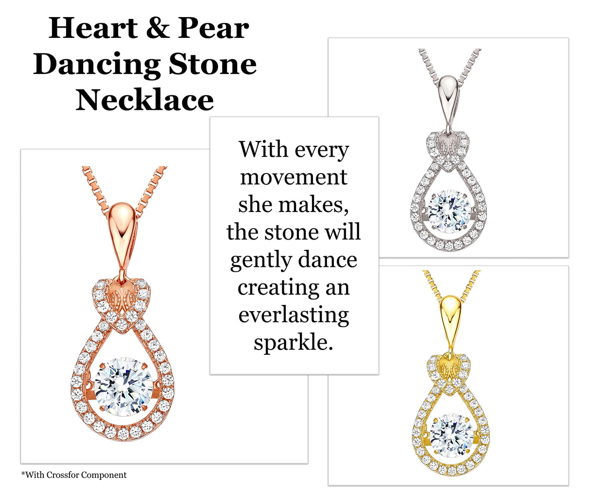 Heart & Pear Dancing Gemstone Necklace for Women 925 Sterling Silver & Pure Brilliance Zirconia
