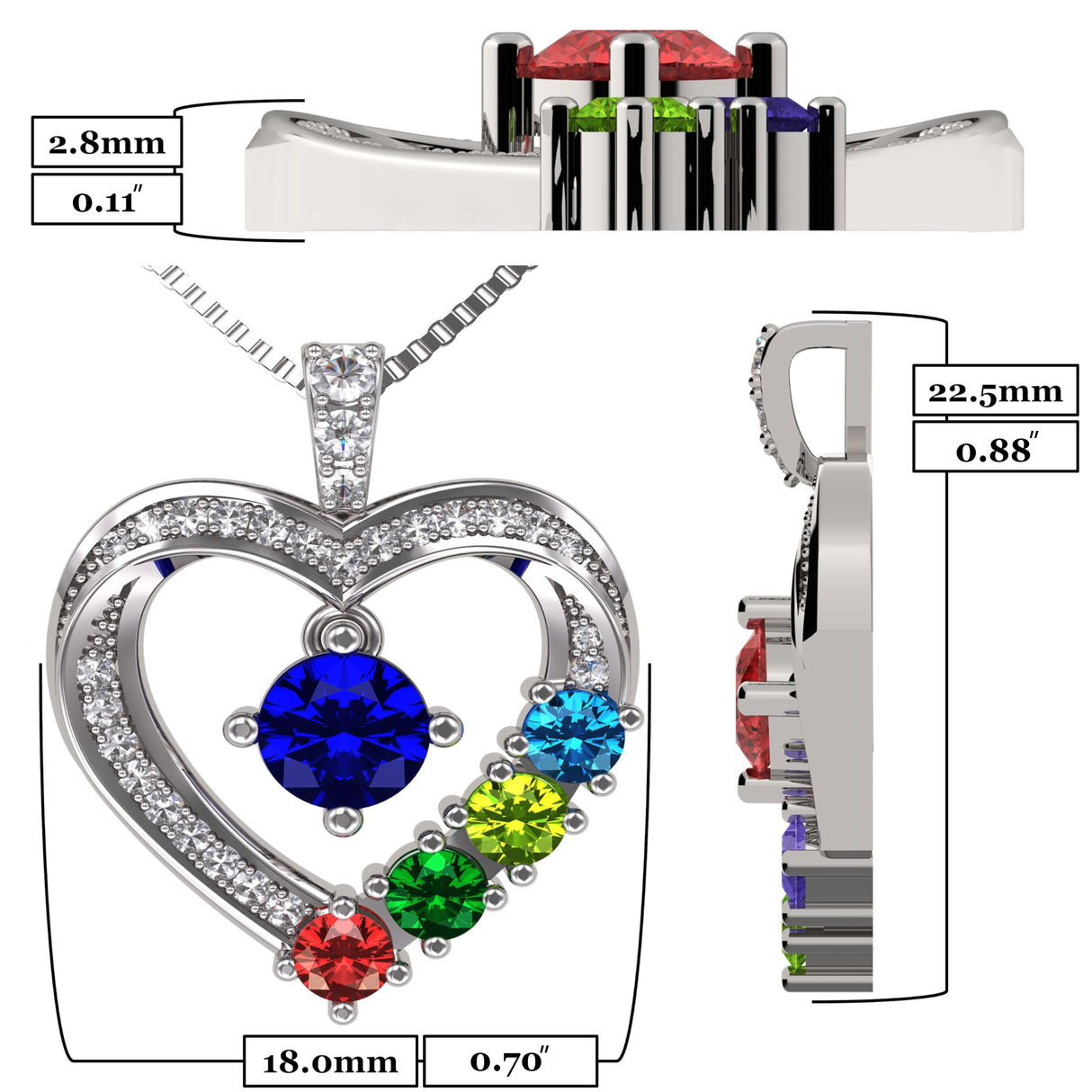 Central Diamond Center Mother & Child Heart Birthstone Necklace w/ 1-6 Simulated Gemstones in Sterling Silver, 10K, or 14K Gold
