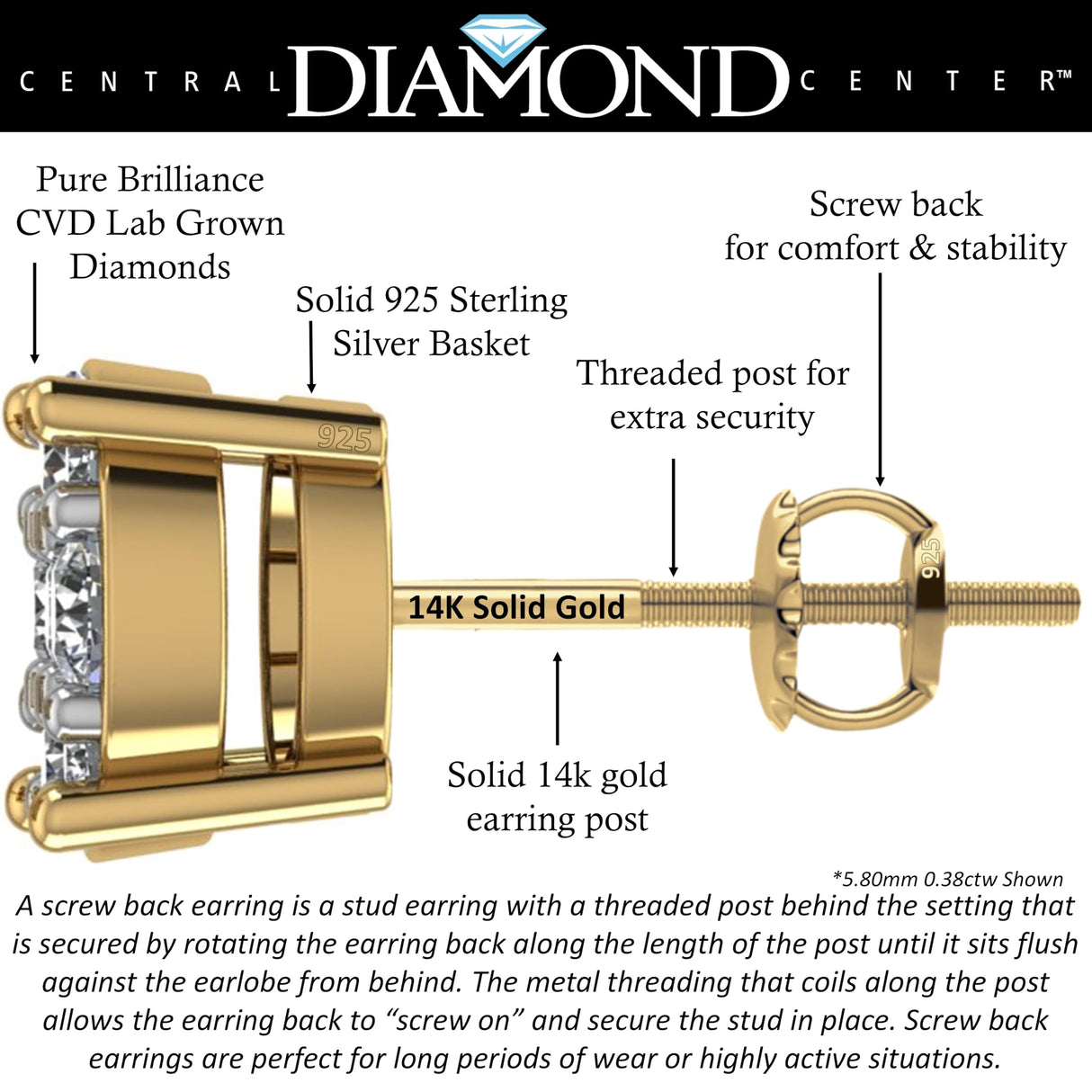 Diamond Stud Earrings CVD Lab Grown Diamonds solid 14K post & Silver basket, 7 or 9 Stone Cluster