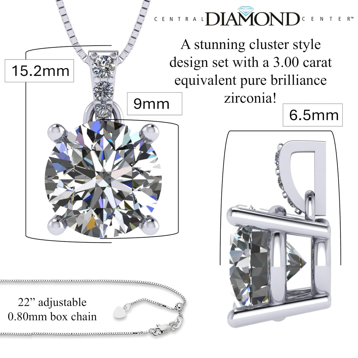 4 Prong Round Solitaire Simulated Diamond Necklace in Solid Sterling Silver with Pure Brilliance Zirconia