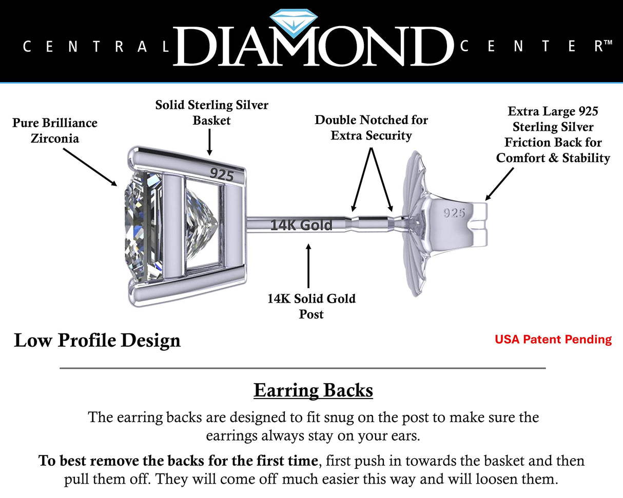 14K Gold Posts & Sterling Silver Princess Cut CZ Stud Earrings w/Pure Brilliance Zirconia, 1.50-4.00ctw