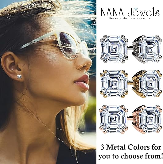 NANA Jewels Asscher Cut 14K Solid Gold Posts & Sterling Silver Simulated Diamond Stud Earrings 0.75 to 4.00ctw CZ