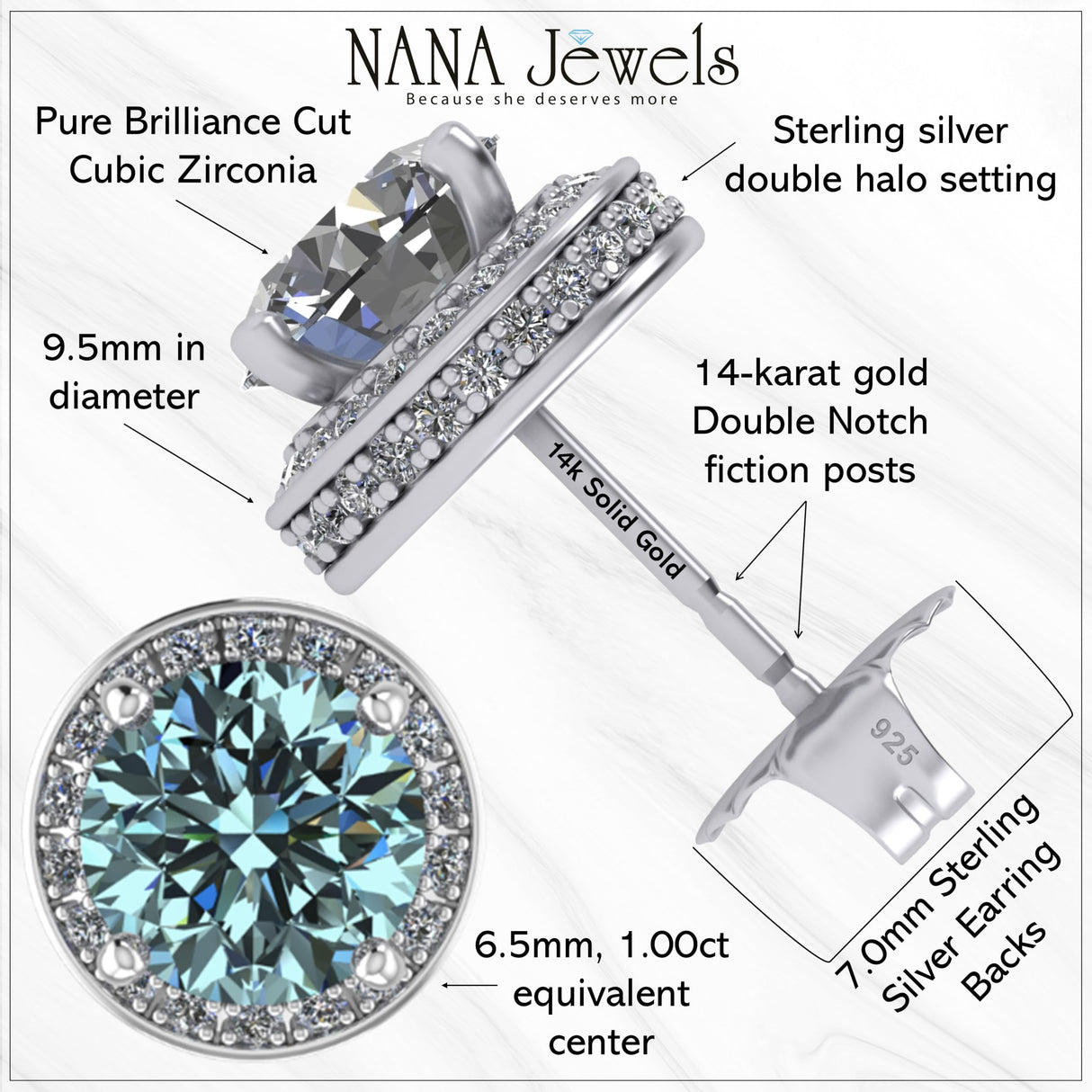 NANA Jewels Round Halo Simulated Aquamarine Pure Brilliance Zirconia Earrings & Necklace in Solid Sterling Silver