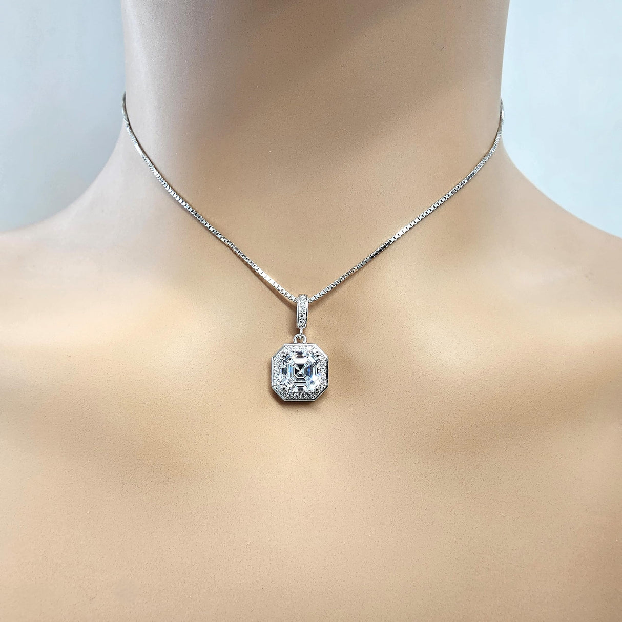 NANA Asscher Cut Halo CZ Simulated Diamond Solitaire Necklace Sterling Silver 7mm Zirconia Center Gemstone