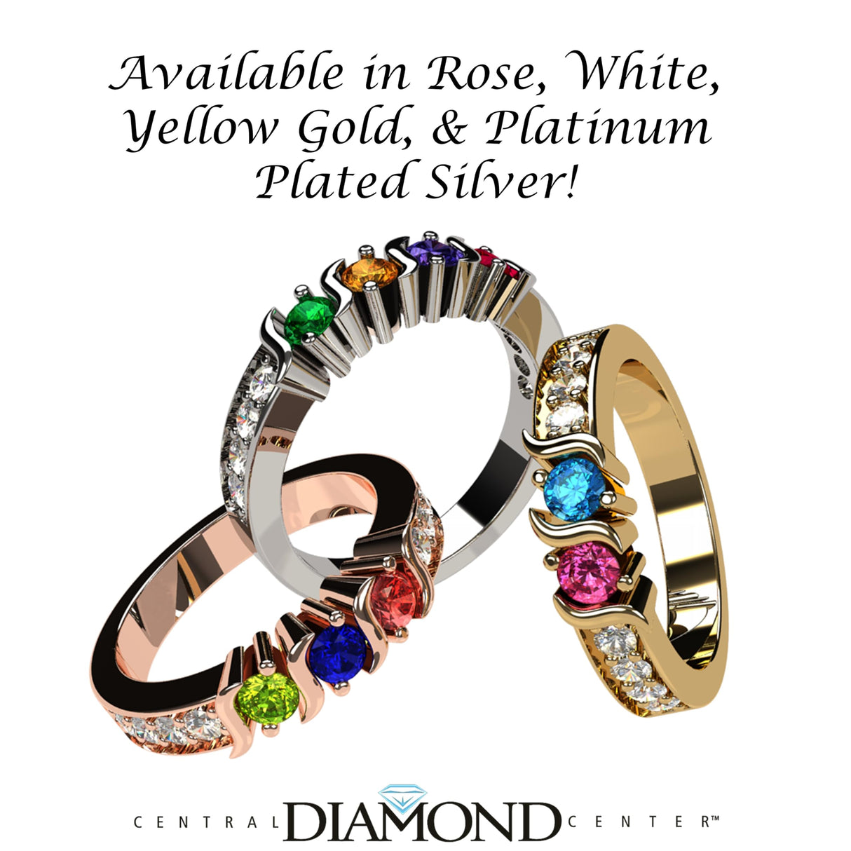 Central Diamond Center S-Bar with Sides Mothers Birthstone Ring in Sterling Silver, 10K or 14K Gold w/ 1-6 Simulated Gemstones