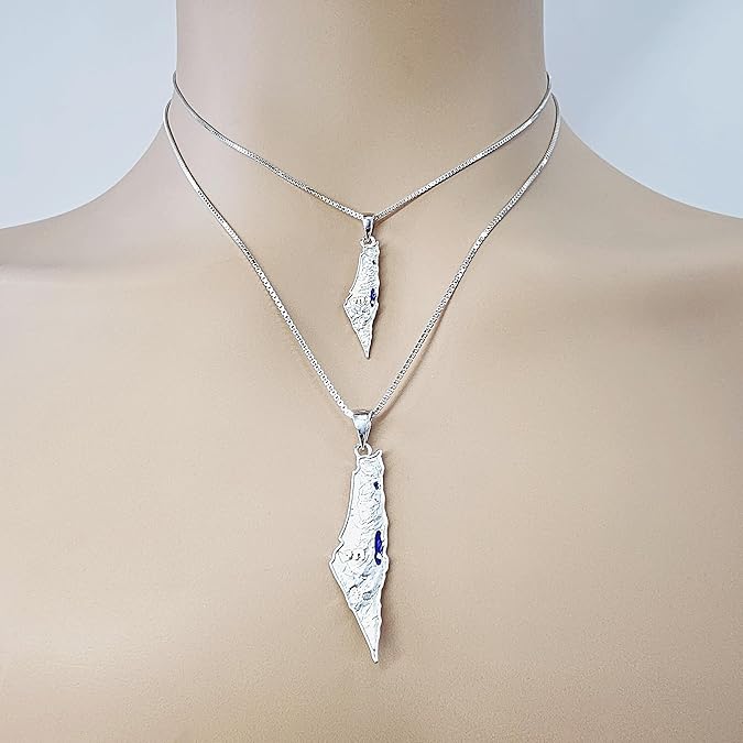 Central Diamond Center Israel Map Necklace/Pendant-Sterling Silver Am Israel Chai on Back Side-3D Map of Israel Large & Small