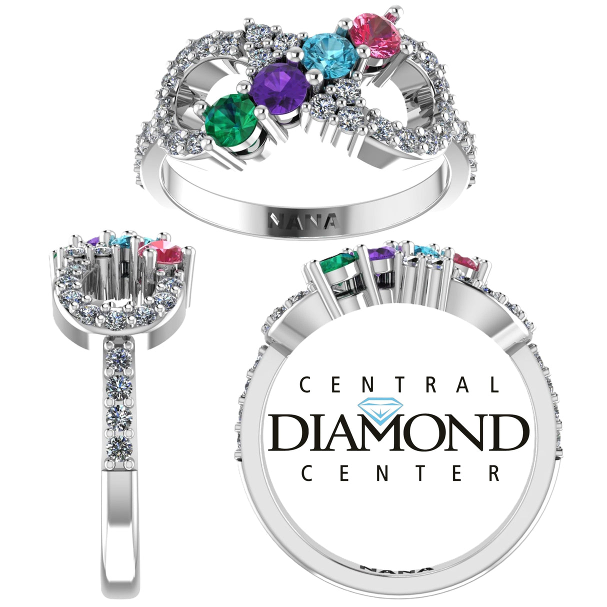 Central Diamond Center Infinity Mothers Rings w/ 1 to 6 Simulated Birthstones in Sterling Silver, 10K or 14K Gold