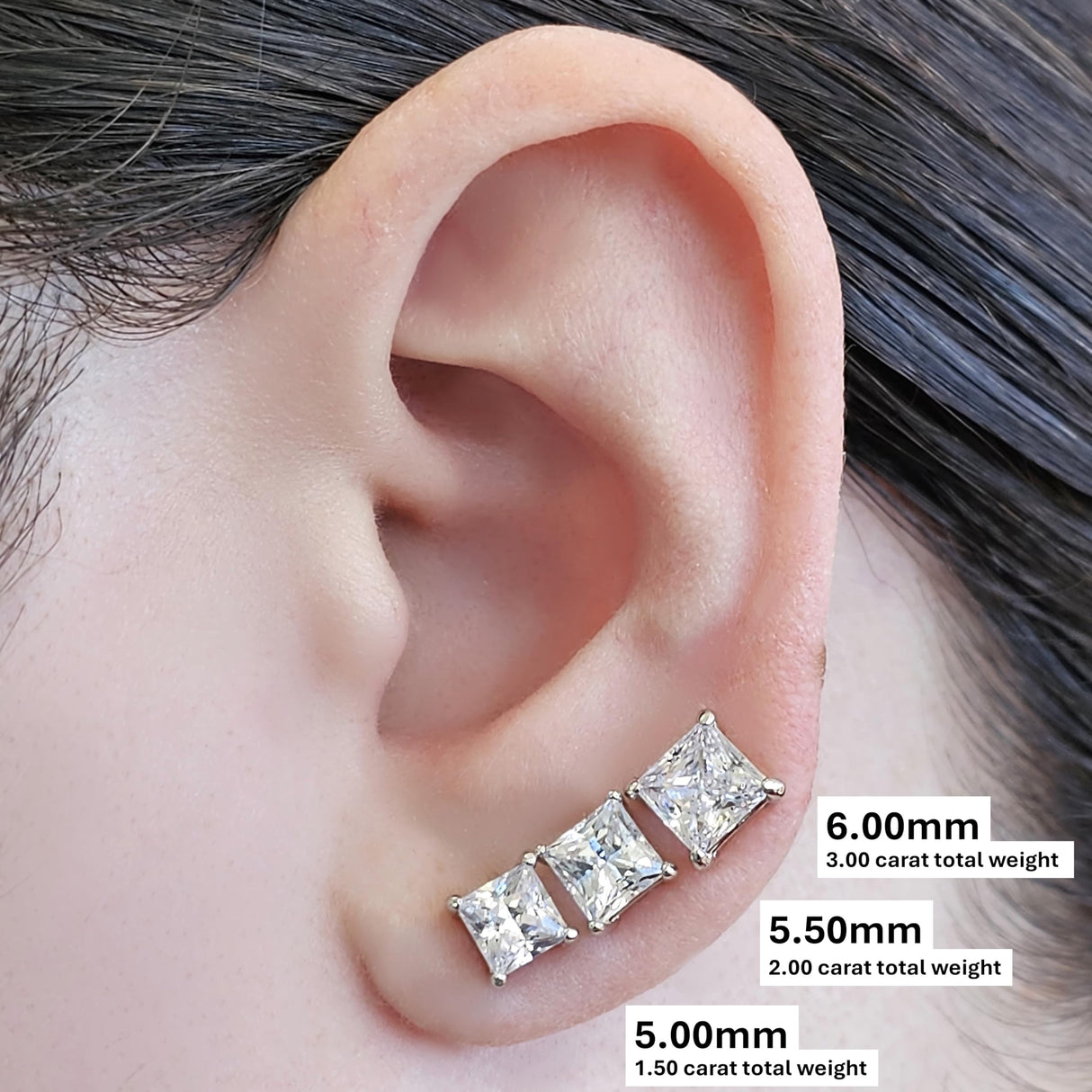 14K Gold Posts & Sterling Silver Princess Cut CZ Stud Earrings w/Pure Brilliance Zirconia, 1.50-4.00ctw