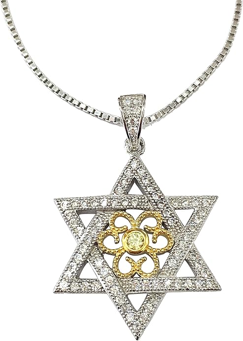 Central Diamond Center Star of David Pendant 925 Sterling Silver and Pure Brilliance CZ w/Box Chain (19mm x 21mm)