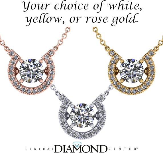 Central Diamond Center Horseshoe Dancing Gemstone Necklace, Sterling Silver w/Pure Brilliance Zirconia