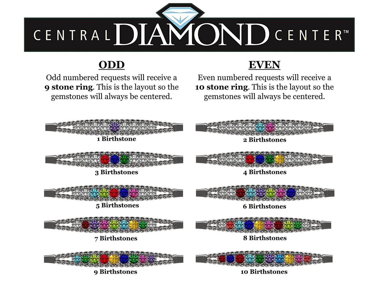 Central Diamond Center Rope Mothers Birthstone Ring with 1 to 10 Simulated Birthstones, Sterling Silver, 10K or 14K Gold