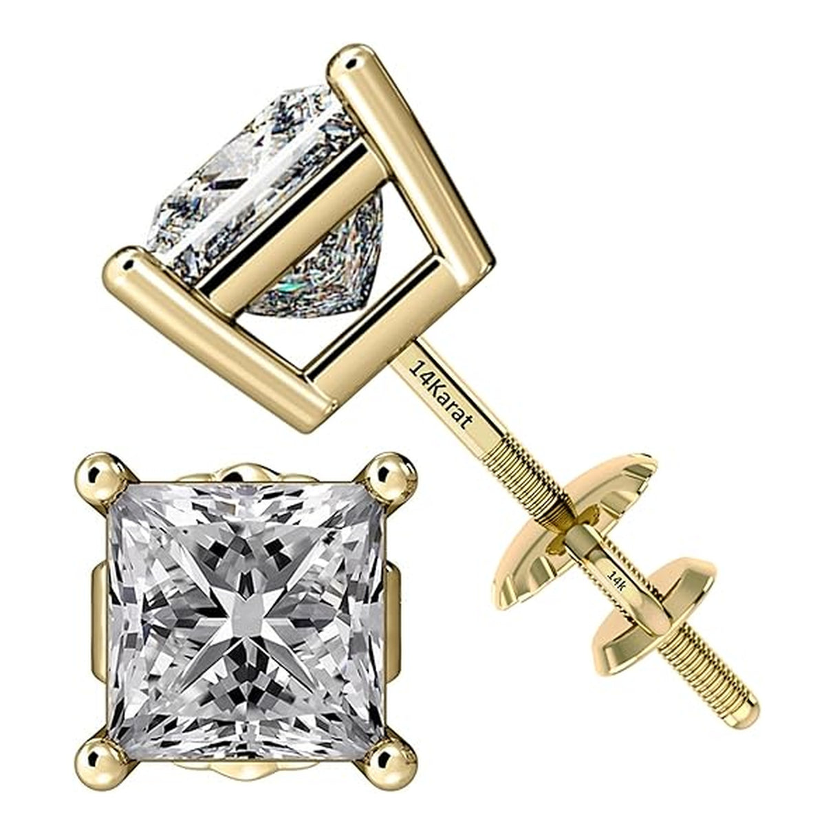 Central Diamond Center Princess Cut CVD Lab-grown Diamond Stud Earrings 14K solid Gold from 0.20ct to 2.00ct E-F VS-SI