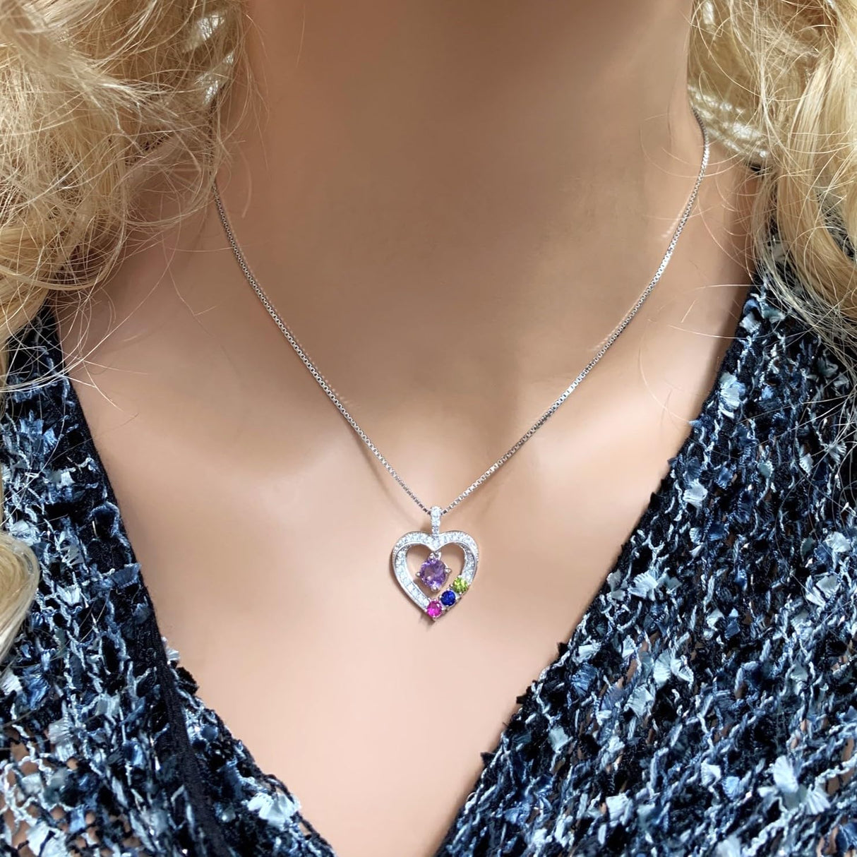 Central Diamond Center Mother & Child Heart Birthstone Necklace w/ 1-6 Simulated Gemstones in Sterling Silver, 10K, or 14K Gold