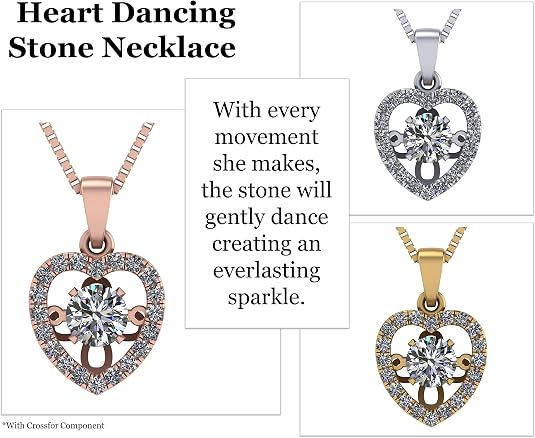 Central Diamond Center Heart Dancing Gemstone Necklace for Women in 925 Sterling Silver w/Pure Brilliance Zirconia